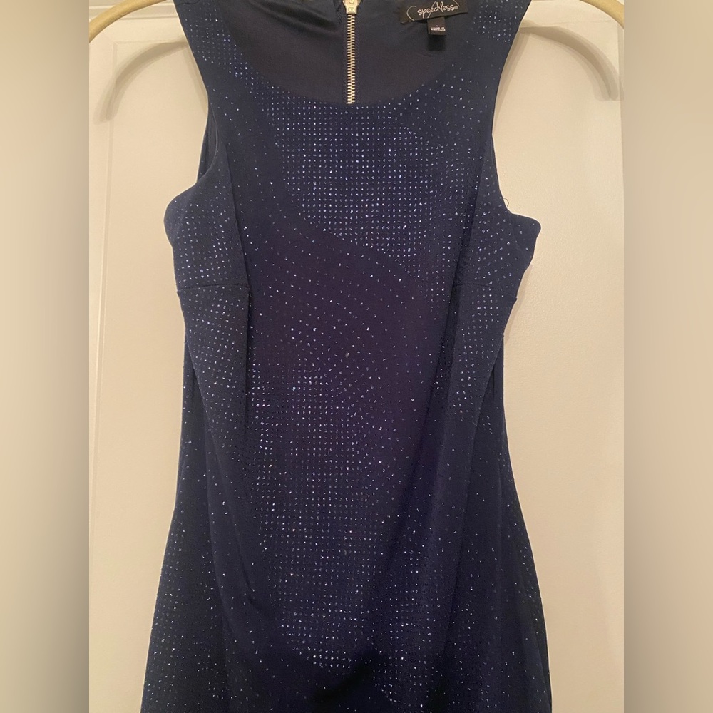 Soeechless navy dress with sparkles, Junior size 1, full back zipper, lined.